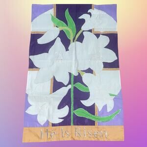 Vintage Evergreen Easter Garden Flag He Is Risen Lily Religious 28x42 Large